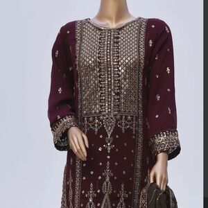 Sadabahar Embroidered Maroon and Gold Indian Pakistani wedding mhendi Outfit